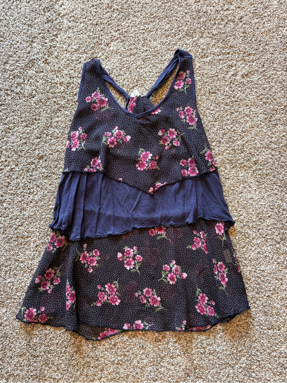 Women's Navy Floral Tiered Tank Top - Pink Floral Accents